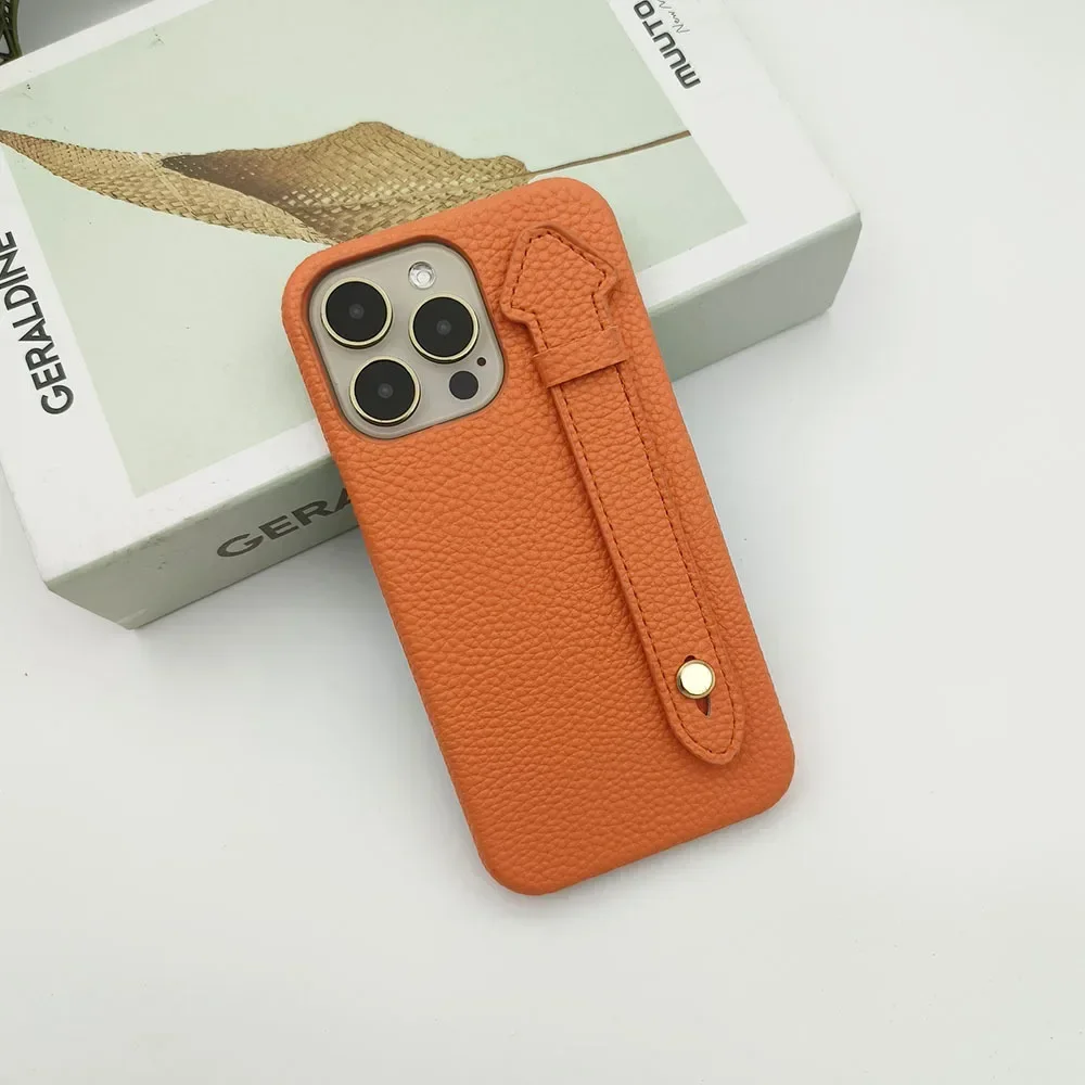 

Suitable for iPhone 16 Wrist Strap Holder Phone Case 15promax Lychee Pattern 14 13pro Half Pack 12Anti Drop Protection Cover 11