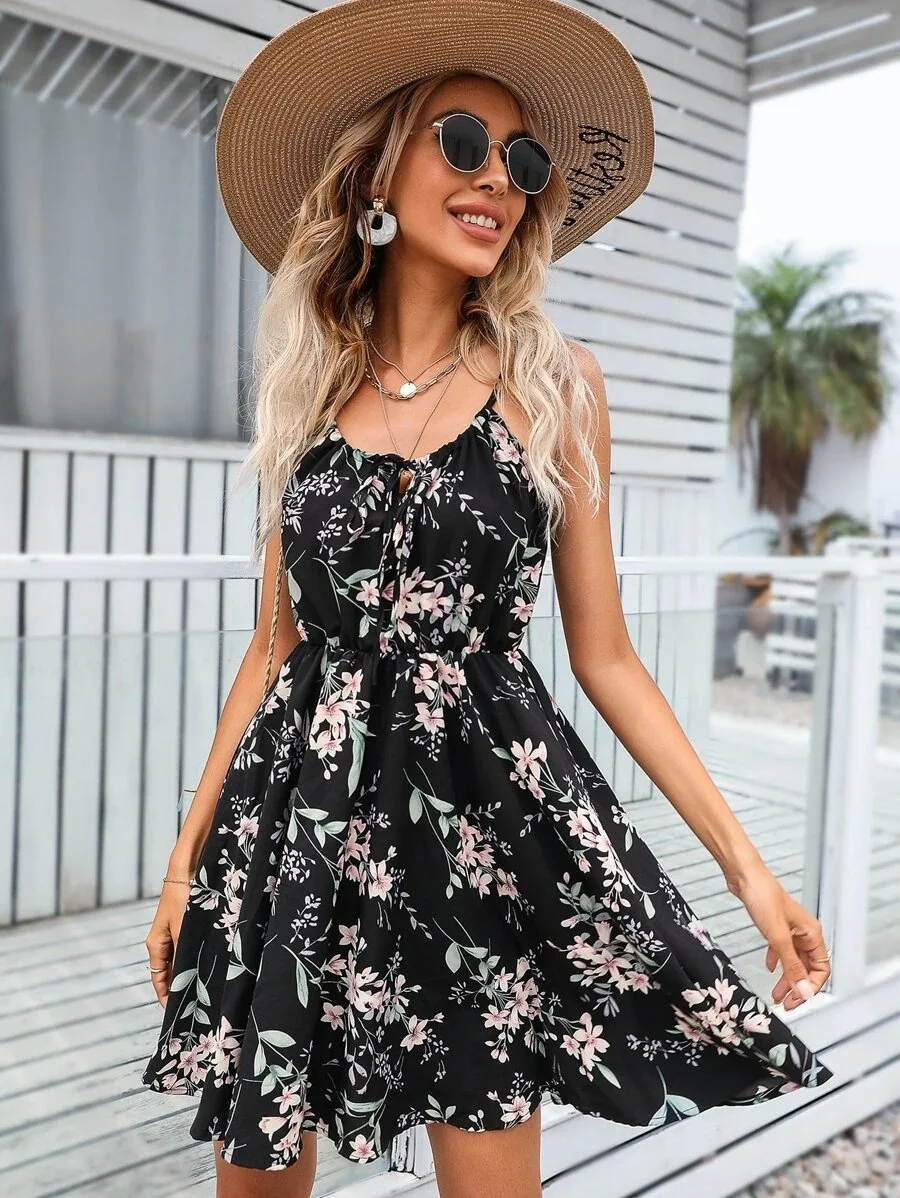 Summer Elegant Woman Sleeveless Pullover Print Elastic Waist Strap Short Vestidos Women Round Neck Fragmented Flower Mini Dress