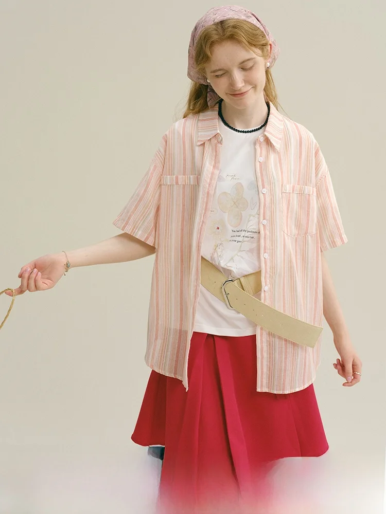 

Рубашка Rina Berry в полоску из хлопка и льна с коротким рукавом, универсальный топ свободного кроя для повседневной носки, стандартный крой