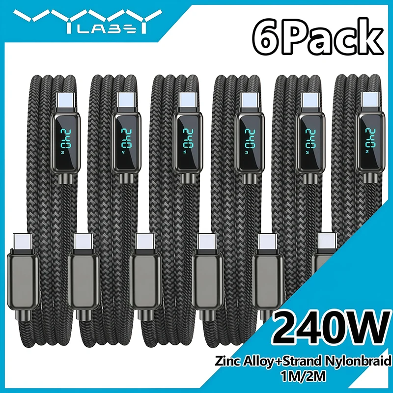 Vyvylabs 6er-Pack 240W USB-C auf Typ-C Schnellladekabel mit Digitalanzeige für iPhone 17 Xiaomi 17 Pro Max Samsung iPad Macbook Pro