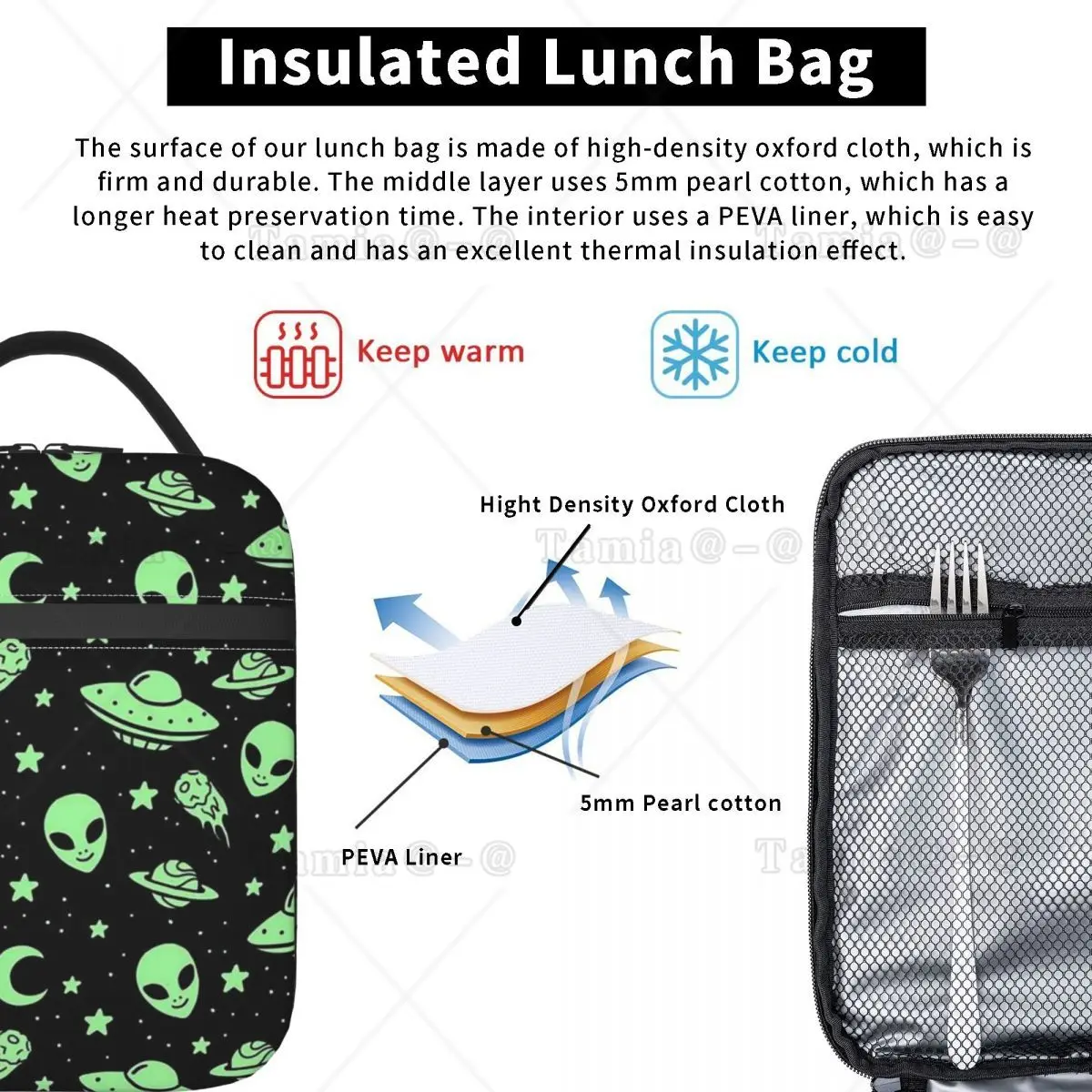 Colour Alien Rocket Spaceship Pattern Insulated Lunch Bag for Women Kids Portable Food Boxes Thermal Lunch Box Tote