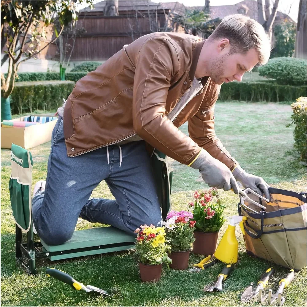 مقعد ركوع للحديقة قابل للطي مع وسادة سميكة، وحقائب أدوات، ومقعد بستنة متعدد الوظائف للنساء والرجال