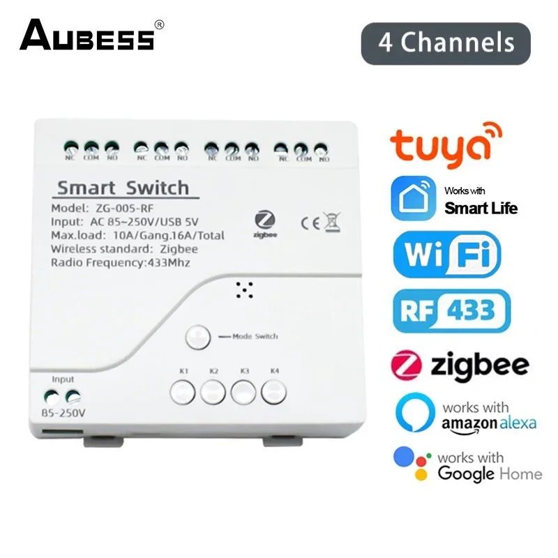 Interruptor inteligente Zigbee RF433 de 4 canales, módulo de interruptor WiFi, Control remoto Tuya Smart Life, funciona con Alexa y Google Home, 10A