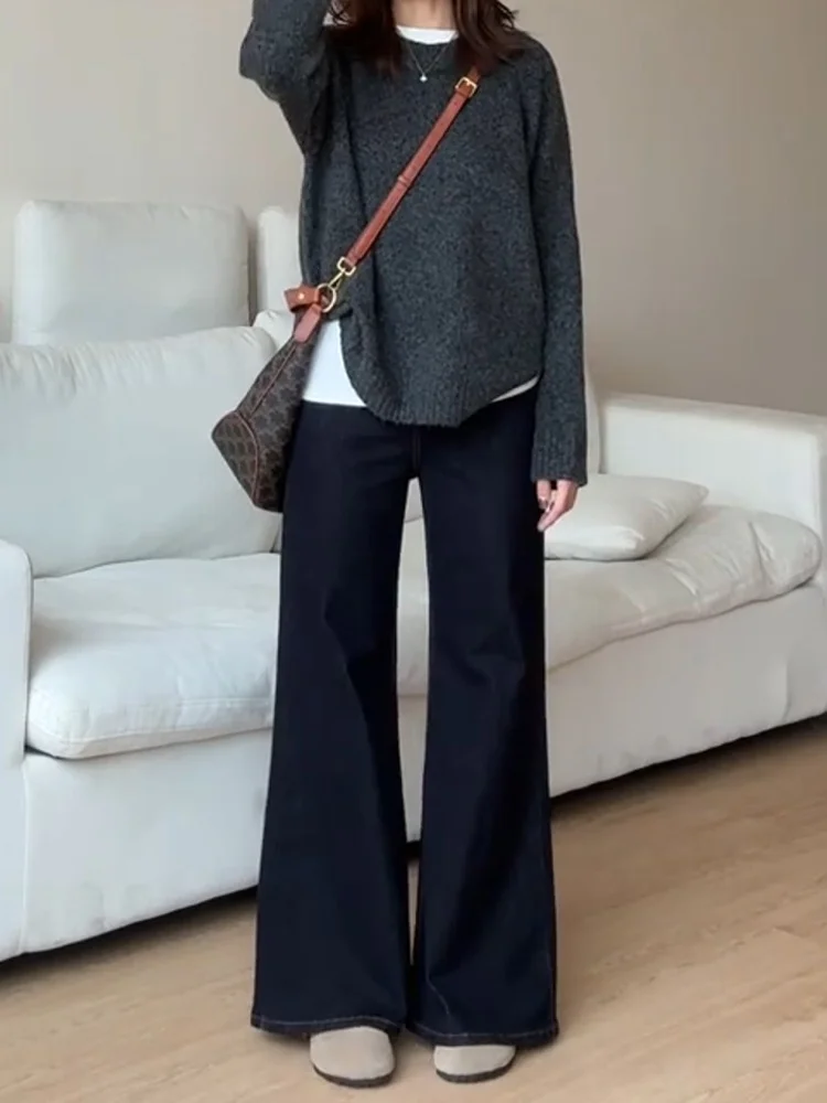 Pantalones vaqueros de talla grande con forro de Fce, color azul profundo, Micro acampanado, para mujer, Otoño Invierno, cintura alta, adelgazantes, pierna ancha, campana Bot