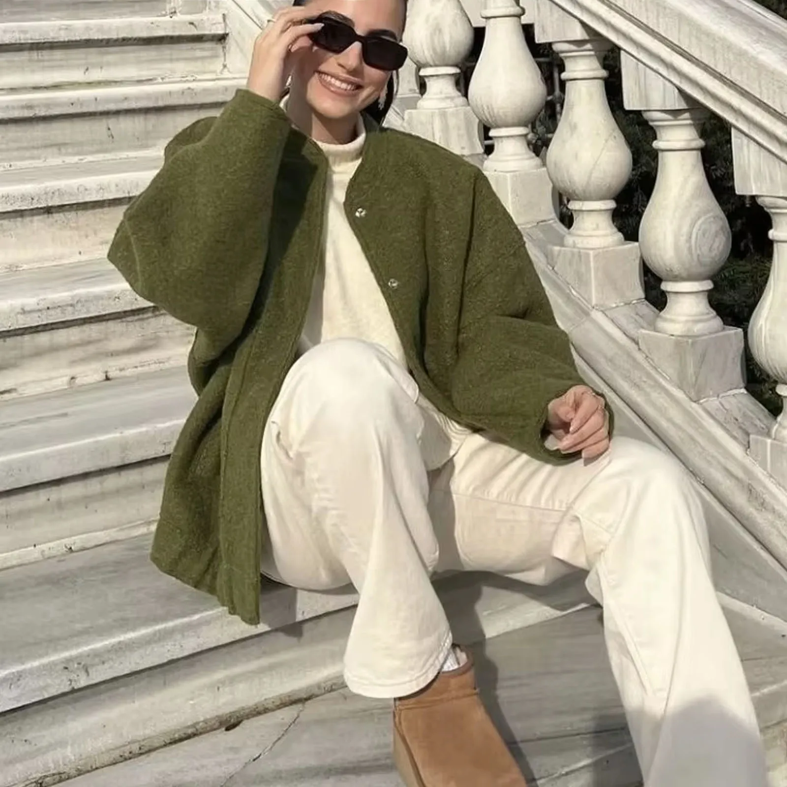 2025 Dames Lamswollen Bontjas Herfst Winter Effen Groen 2 Zakken Knoppen Dikker Crop Jas Vrouwelijke Casual Losse Straat