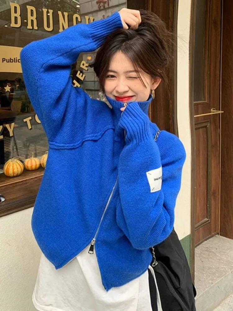 

Женский кардиган на молнии цвета синий Кляйн, модный, весенне-осенний, универсальный топ в корейском уличном стиле, вязаный свитер