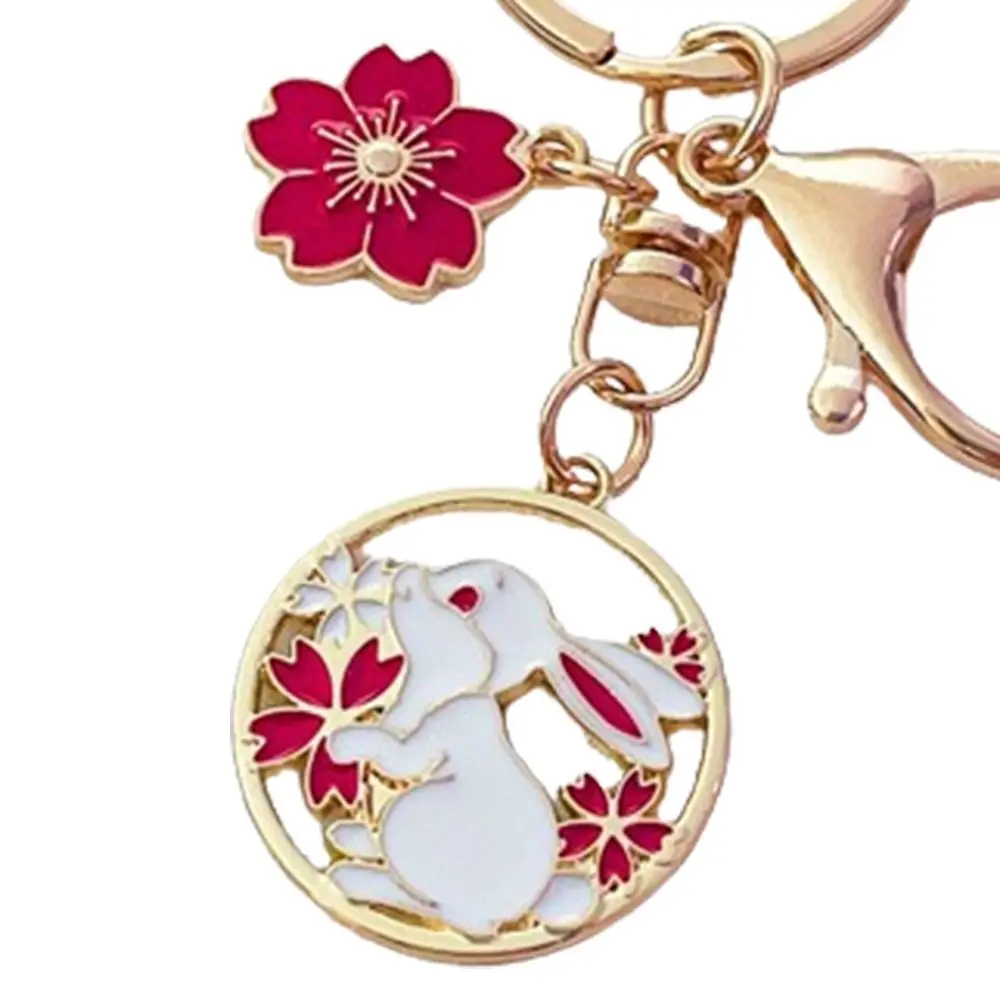 Metal Cherry Blossom Rabbit Keychain Chinese Style Moon Flower Rabbit Pendant Round Rabbit Shaped DIY Jewelry