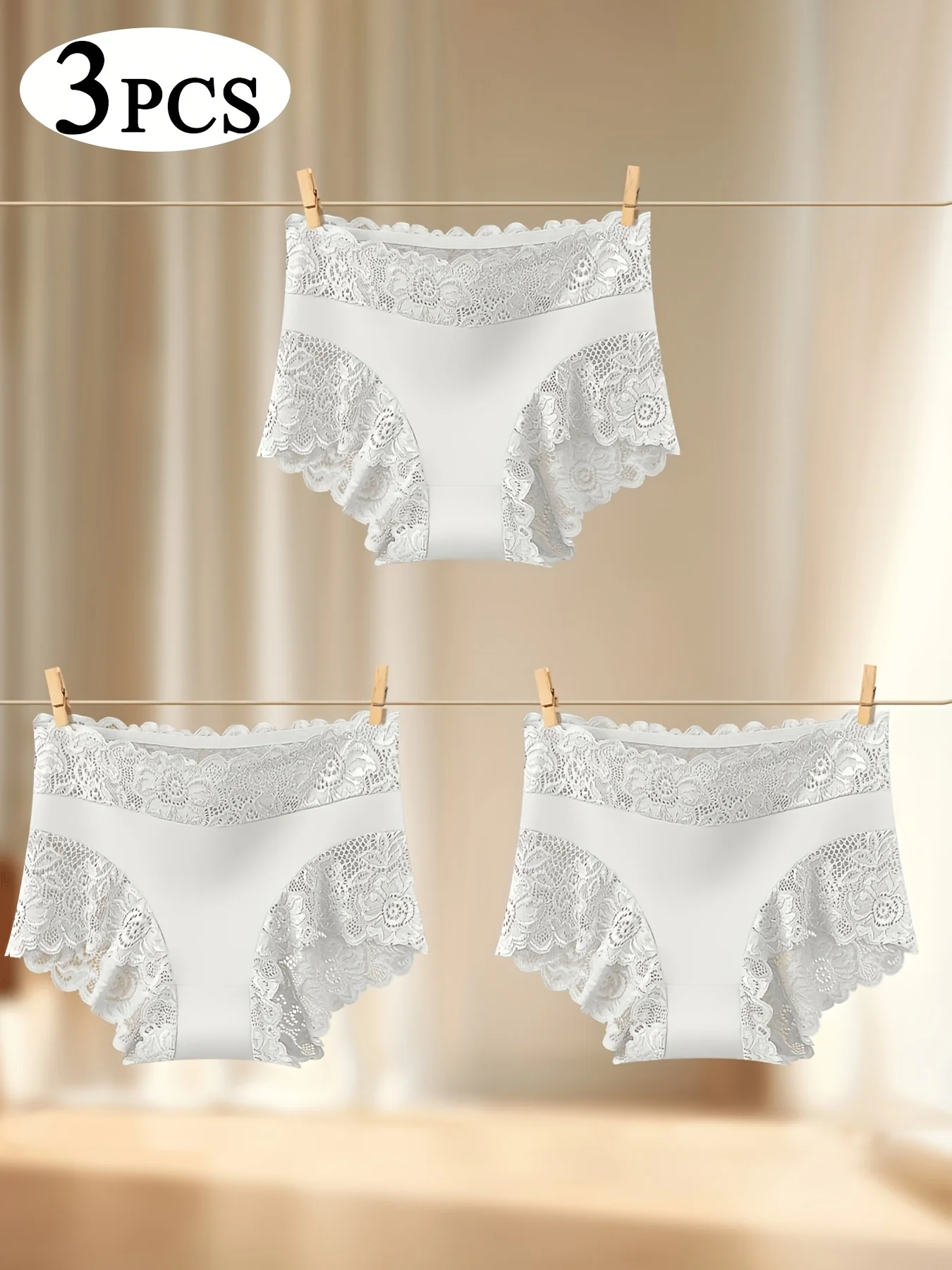 3-Pack Women's High-Waisted Triangle Panties with Elegant Semi-Transparent Lace Stitching