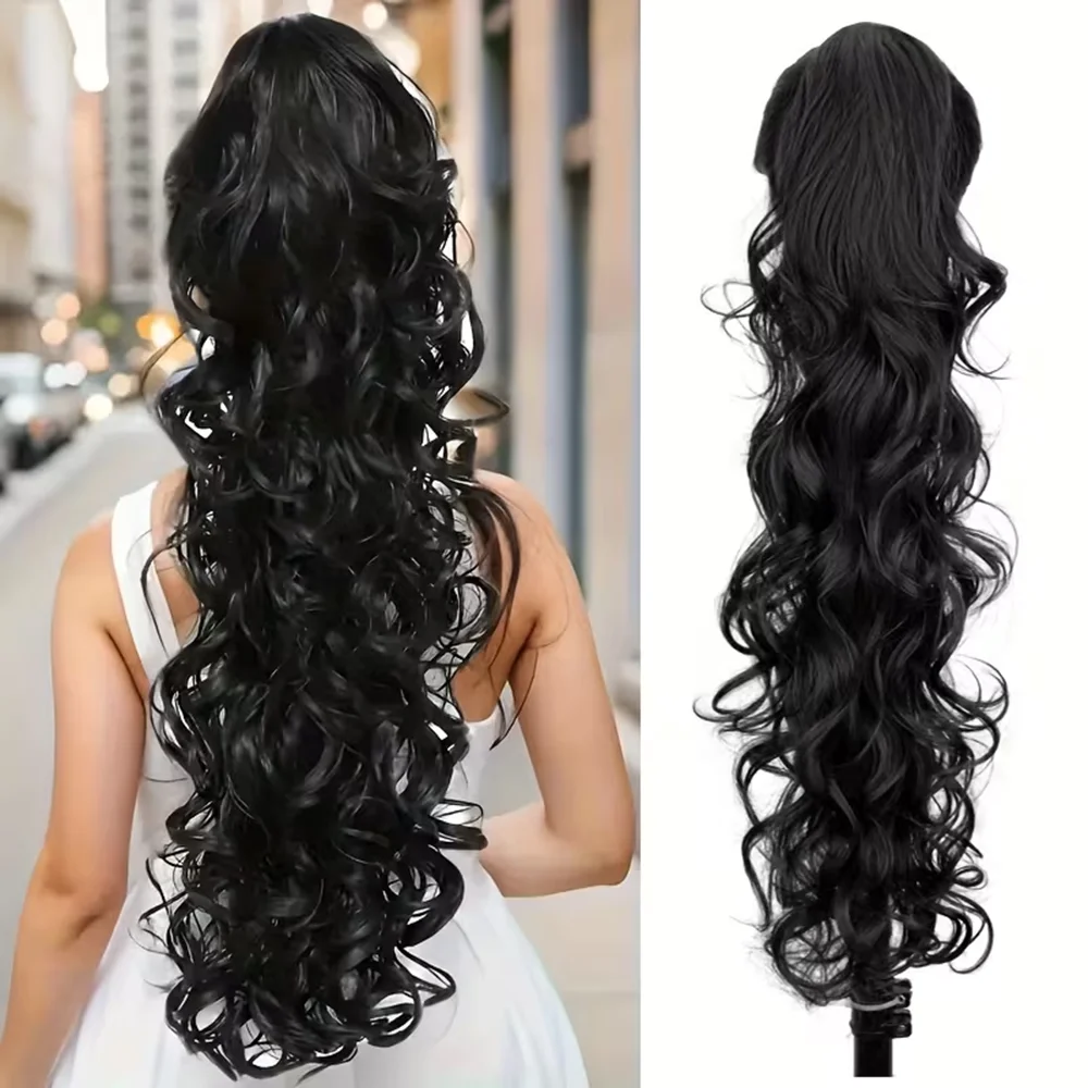 

30-дюймовый черный хвост, длинный волнистый синтетический хвост, наращивание волос, термостойкое волокно, зажим для волос для женщин, ежедневное использование