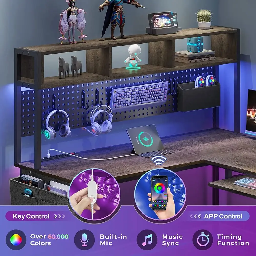 L Shaped Computer Desk, Reversible Corner Desk with Power Outlet and Led Lights