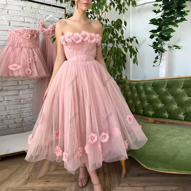 

Fairy 3D Flowers Pink Prom Dress Women Ankle Length Strapless Evening Backless Robes De Soirée Party A Line Graduation Gowns