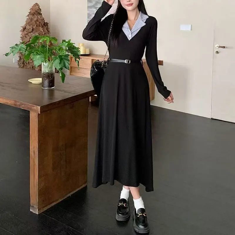 

French Style Aura Midi Dress Spring Autumn New Fake Two Pieces Female Clothing Polo-Neck Patchwork A-Line Stylish Sashes Dresses