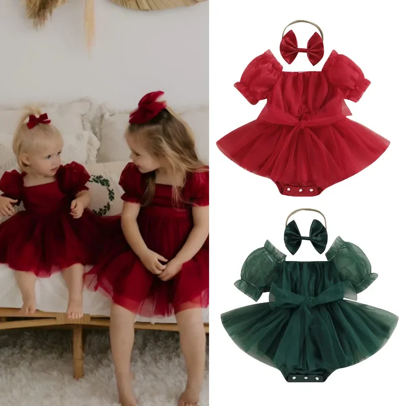 Christmas Baby Girl Red Romper Tulle Bow Ruffle Jumpsuit Party Princess Xmas Costumes Headband Outfits