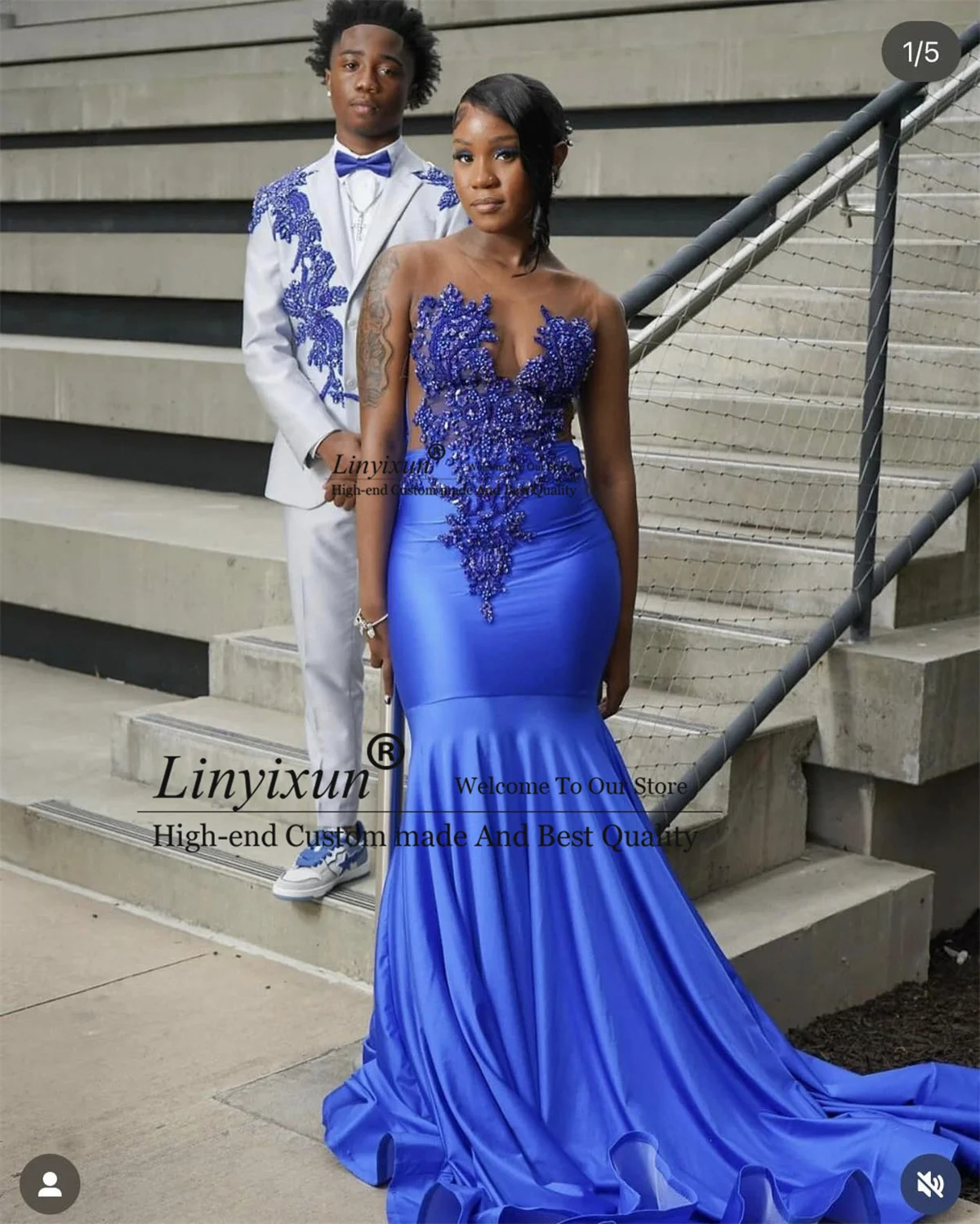 Black Girls Mermaid Prom Dresses Luxury Crystal Beaded Appliques Evening Party Gowns Royal Blue Stain Long vestidos de gala