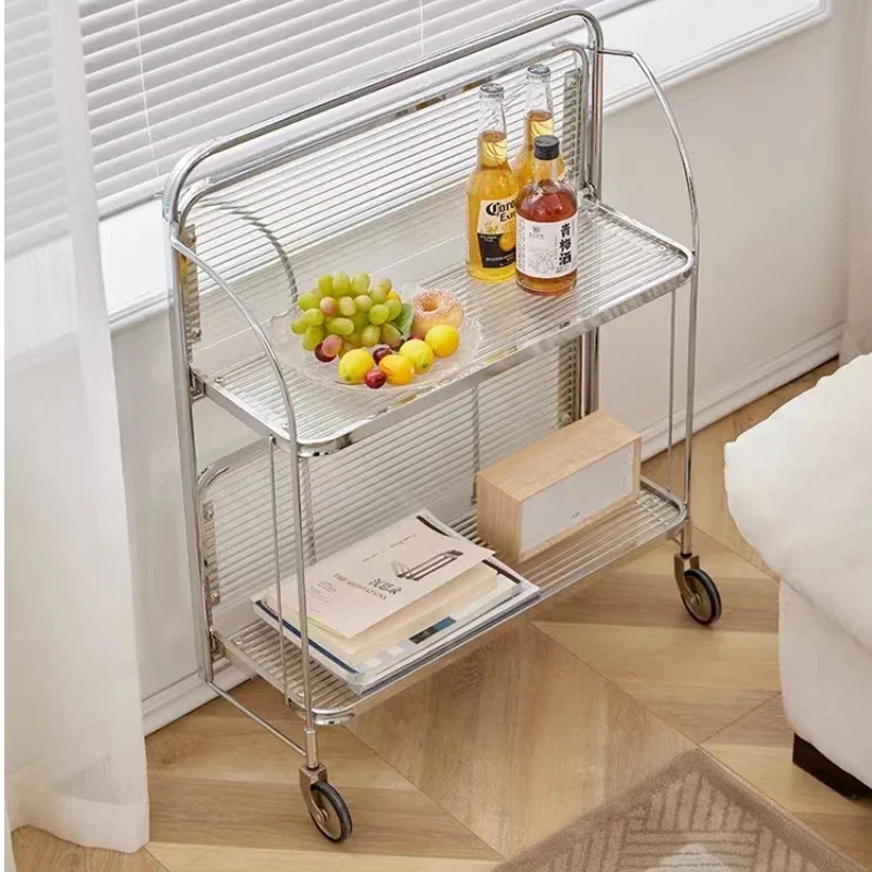 

INS Moving Glass Side Table Modern Transparent Coffee Table Folding Trolley with Wheels Corner Storage Shelf Home Furniture