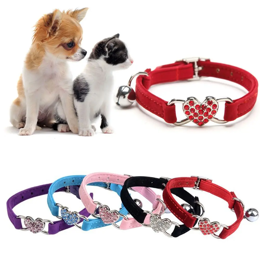 Puppy Cat Kitty Elastic Bell Heart Shape Velvet Pet Necklacce Adjustable Dog Collar