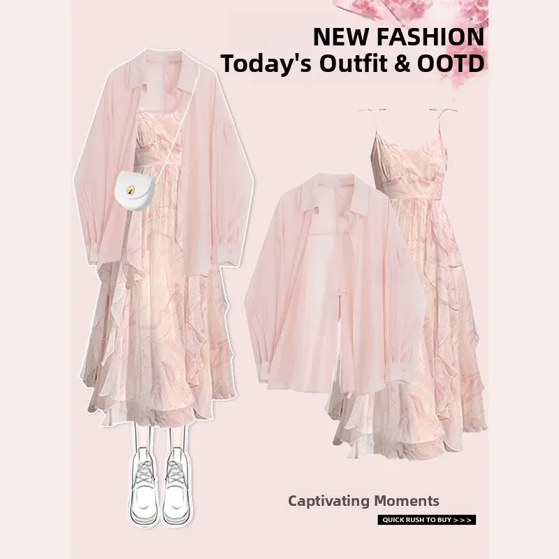 달콤한 꽃무늬 스트랩 드레스 여성용 2025년 봄 신상 패션 캐주얼 디자인 센세이션 자외선 차단 셔츠 매칭 드레스