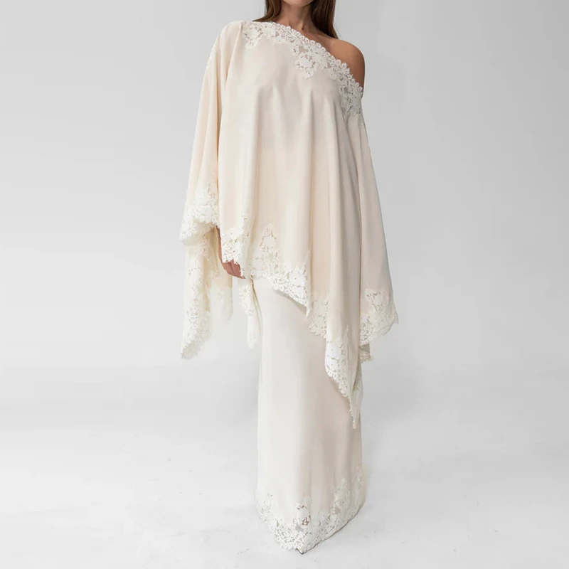 

Sexy Lace Patchwork White Skirt Outfits Elegant Slash Collar Tops with Long Skirt Suit Women Fashion Temperament Loose 2Pc Sets