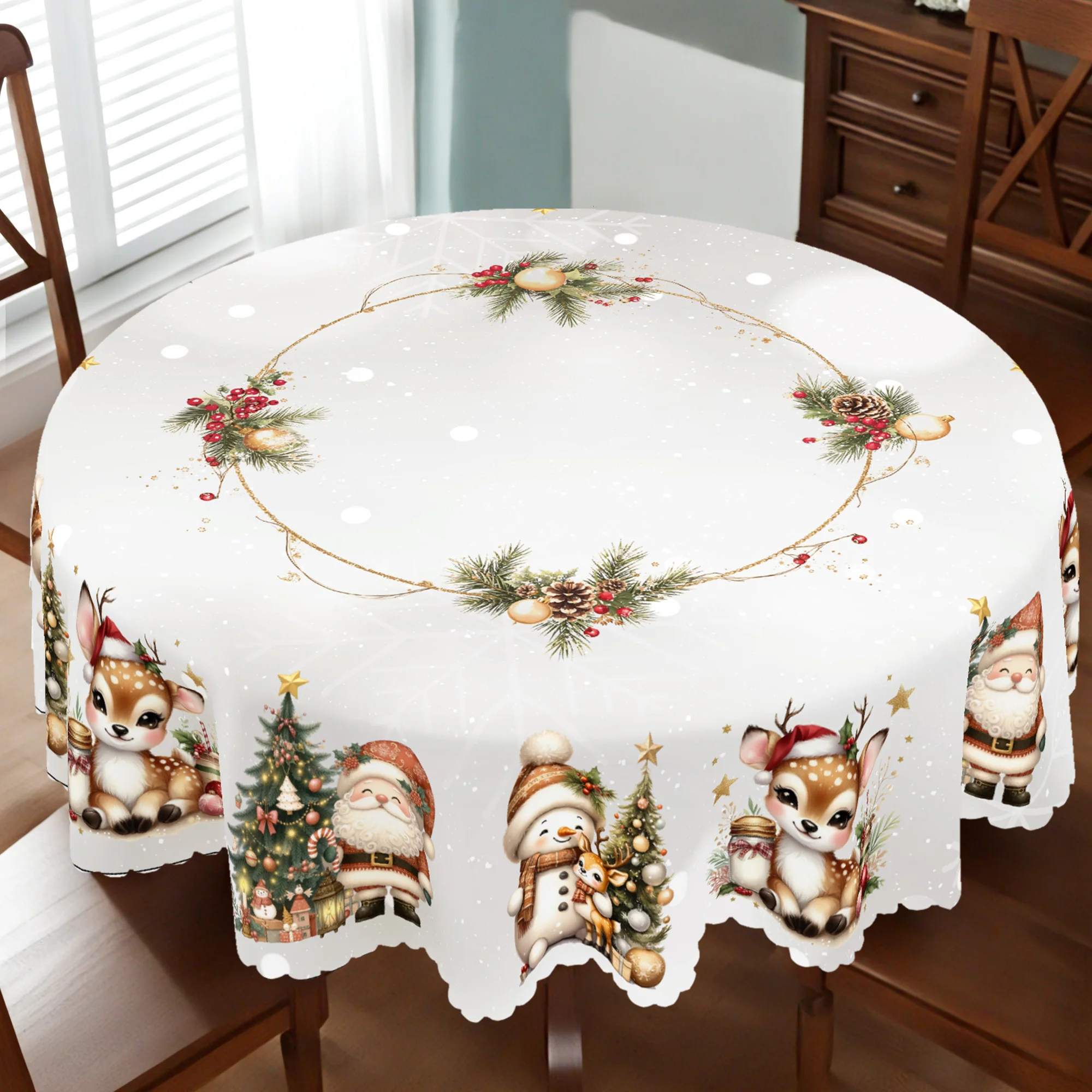 1 piece Santa, Deer and Snowman gold border tablecloth, perfect Christmas decoration, rectangular/round tablecloth
