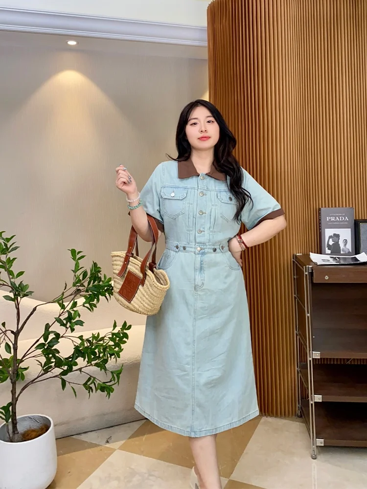 

Slim Fit Denim Dress Summer Washed Collar Waist Cinching Vintage Style Women's Dress Cotton Polyester Blend Material