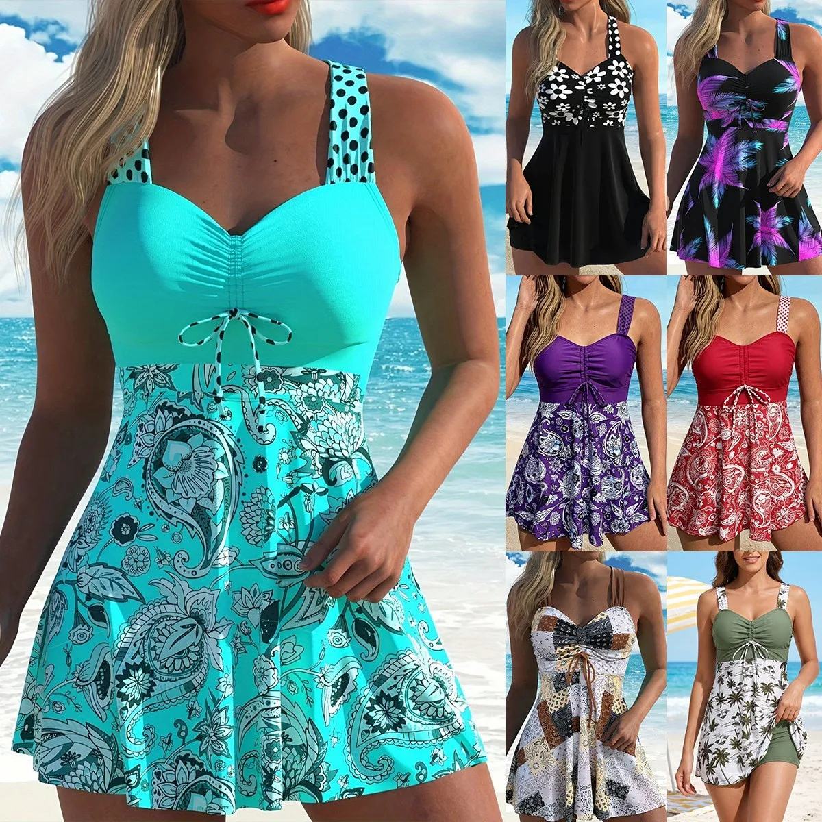 Swimwear Women Tankini Floral Print Sleeveless Tankini Top Ruched Bust Swim Tank With Skirt Two Piece Swimsuit Tummy Control
