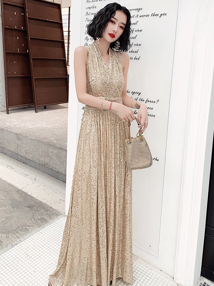 

Вечернее платье цвета шампань, длинное, женское, новинка 2024 года, для банкетов, высококлассное, роскошное, блестящее, для конференций и мероприятий, для ведущих.