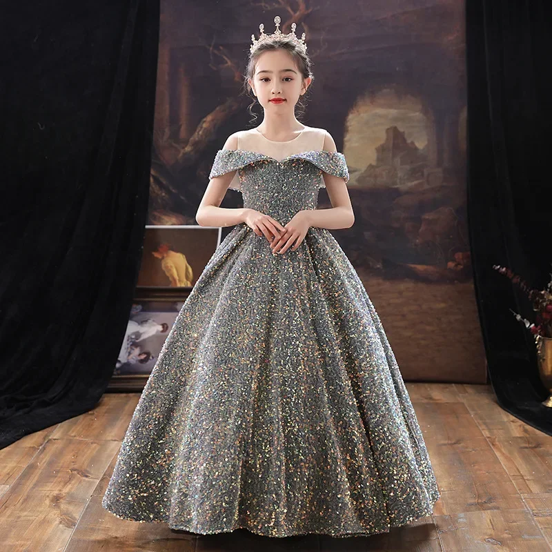 Robe Longue Brillante à Paillettes pour Adolescente, Tenue de Soirée de Luxe, d'Anniversaire, de Bal de Promo, de Mariage, à la Mode, pour Enfant de 3 à 14 Ans