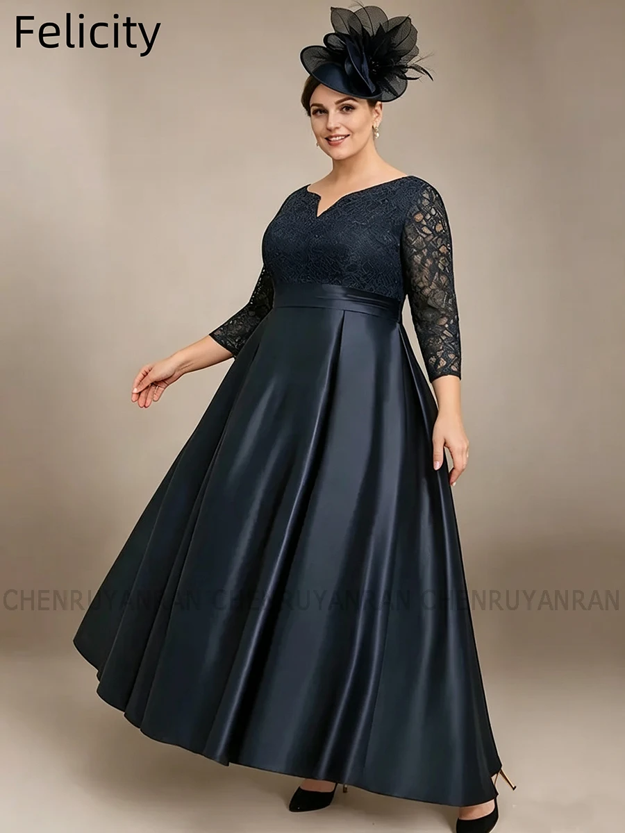Navy Blue Satin Mother of the Bride Dresses 2026 3/4 Sleeves Long Formal Wedding Guest Dress Lace Evening Party Gown Custom