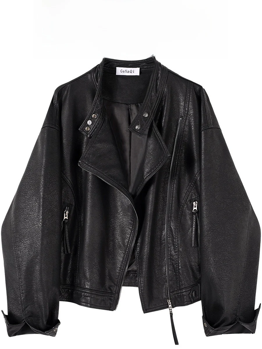 

Модная кожаная куртка больших размеров с воротником-стойкой, свободного кроя, стройнящая фигуру, новинка весеннего сезона, универсальная верхняя одежда для женщин больших размеров