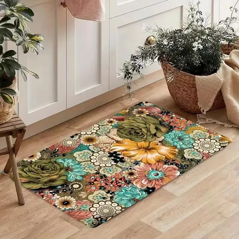 Bohemian Retro Style Colorful Flowers Kitchen Non-slip Waterproof Cushion Anti-fatigue Crystal Velvet Doormat