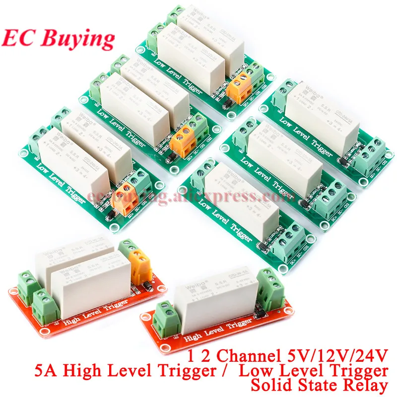 1 2 Channel Way 5A High Low Level Trigger DC Solid State Relay Module Relays Single Phase Device Electrical DC3-32V 5V/12V/24V