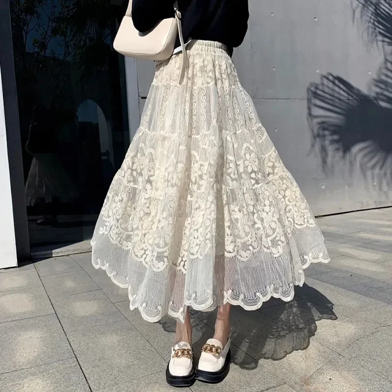 

Embroidery Lace Long Skirt for Women Vintage Solid Color Ruffle Elastic High Waist A-line Maxi Skirt Elegant Fairy Skirts P631