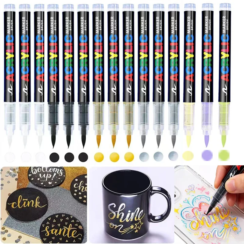 

3/6Pcs Acrylic White Marker Brush Pens Black Paint Art Markers Set for Rock Painting Stone Ceramic Wood Tire Fabric Metal Canvas