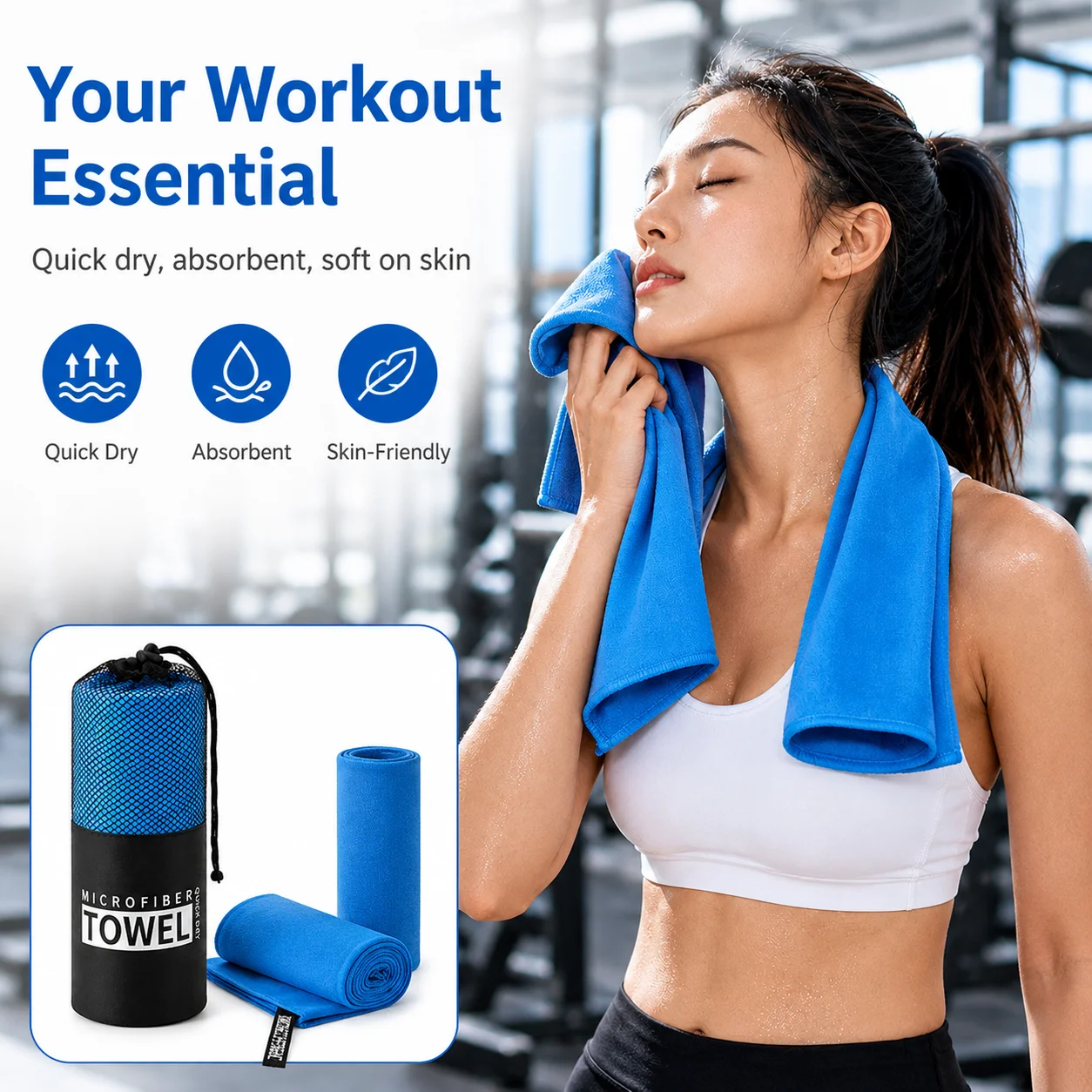Microfiber Sports Towel Quick Dry Absorbent Gym Fitness Camping Beach Travel Towel with Storage Bag 40x80cm
