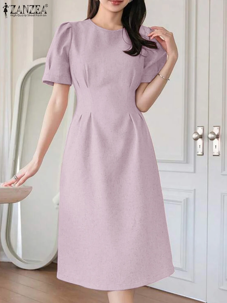 ZANZEA オフィスレディースワンピース 2025 夏 エレガントなOネック ショートパフスリーブ ベスティド おしゃれ 無地 ワーク OL サマードレス ローブファム