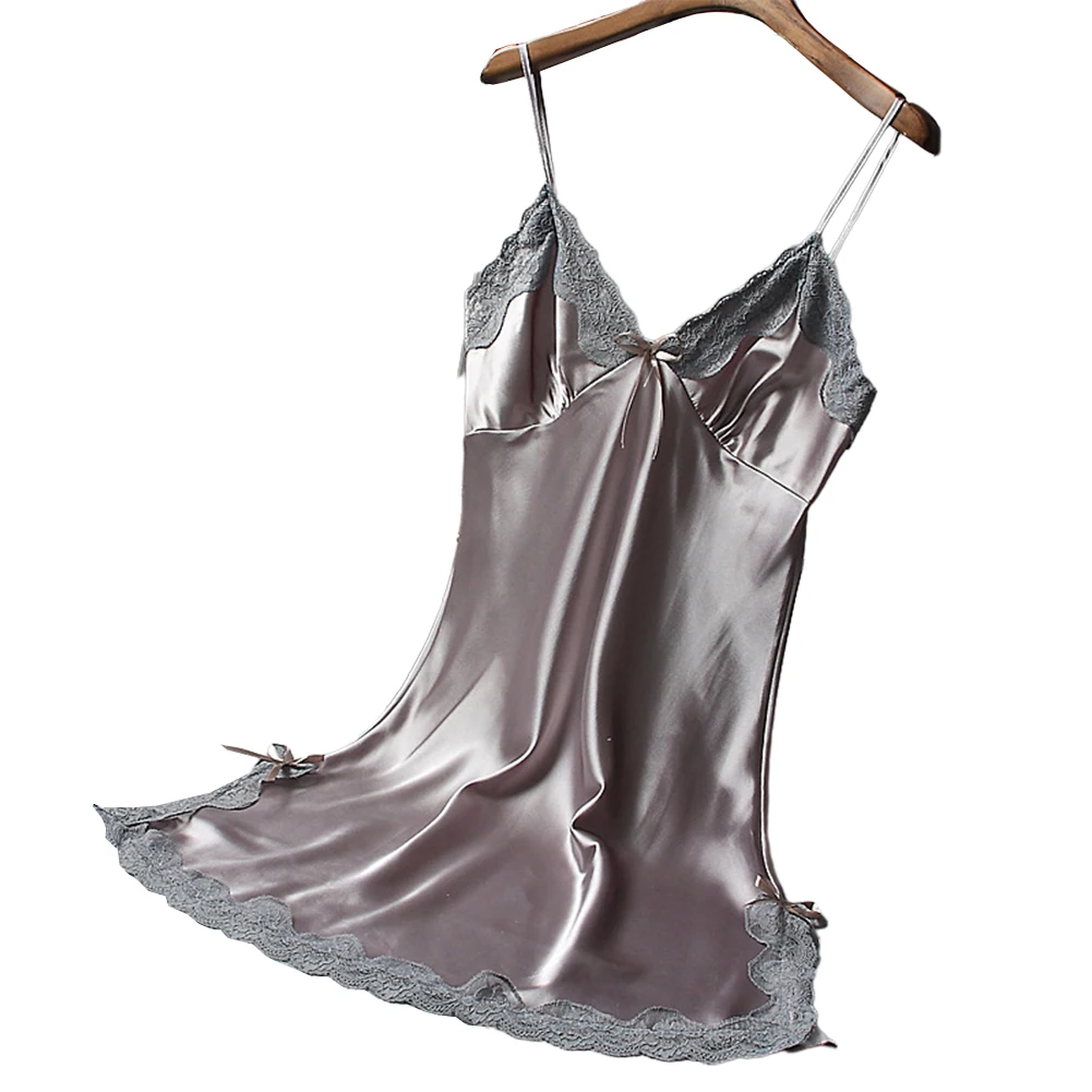 Lace Satin Nightdress Women Sexy Nightgown Nightwear Spaghetti Straps Nightdress Solid V Neck Sleepwear Sleeveless Night Dress