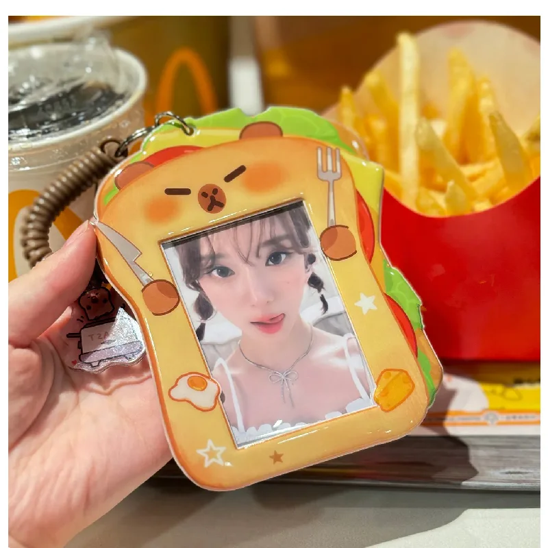 Imagem -06 - Kawaii Hamburgo Polegada Kpop Photocard Titular Milho Sanduíche Foto Cartão Titular Bolsa Pingente Escola Papelaria