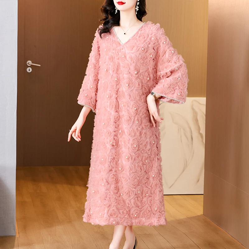 2024 Pink Velvet Patchwork Jacquard Midi Dress Women Chic Elegant Luxury Dress Autumn Winter Korean Vintage Hepburn Night Dress