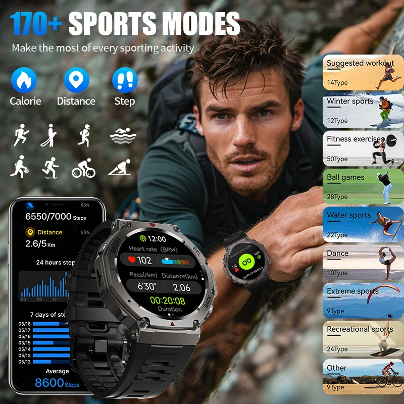 LIGE Bulit-in GPS Compass Altimeter Barometric 5ATM Waterproof AMOLED Bluetooth Call Smartwatch Military Smart Watch T-Rex 3