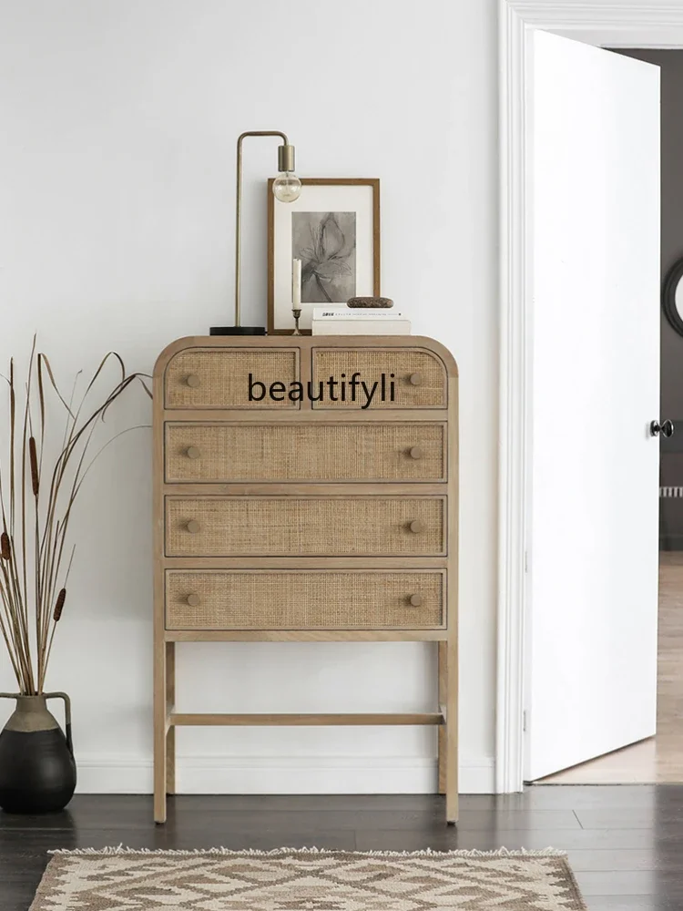 

new Wood Chest of Drawers Household Multi-Functional Rattan Drawer Cabinet Living Room Entrance Cabinet Dining Side Display Cabi