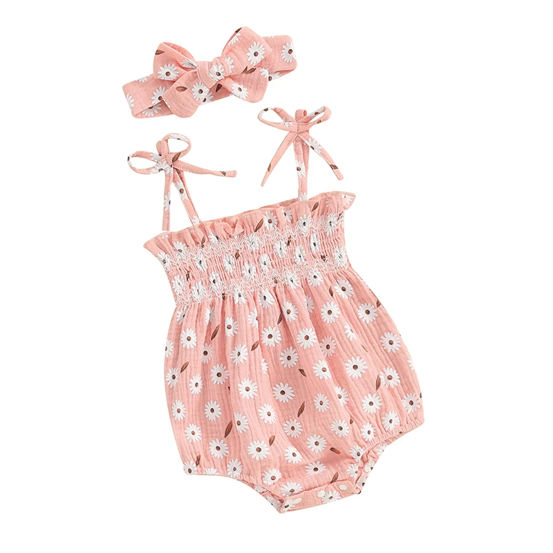 Baby Girl 2 Piece Outfits Floral Print Bandage Straps Sleeveless Romper and Headband Set Cute Fashion Summer Clothes