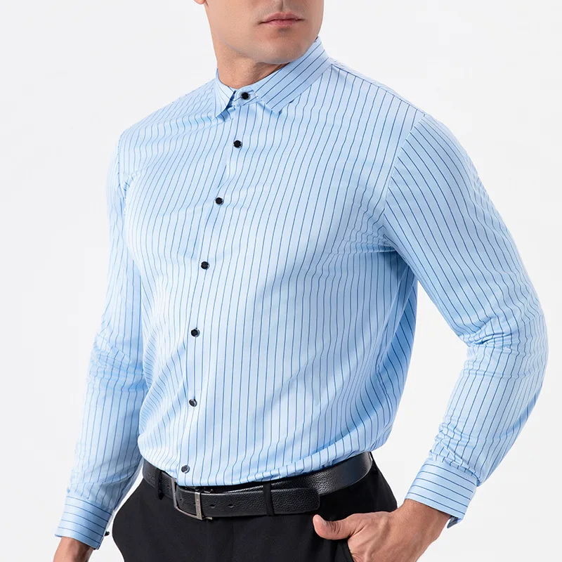 Novo elegante camisa listrada masculina manga longa negócios casual alta elasticidade primavera outono sem costura fácil de cuidar roupas masculinas macias