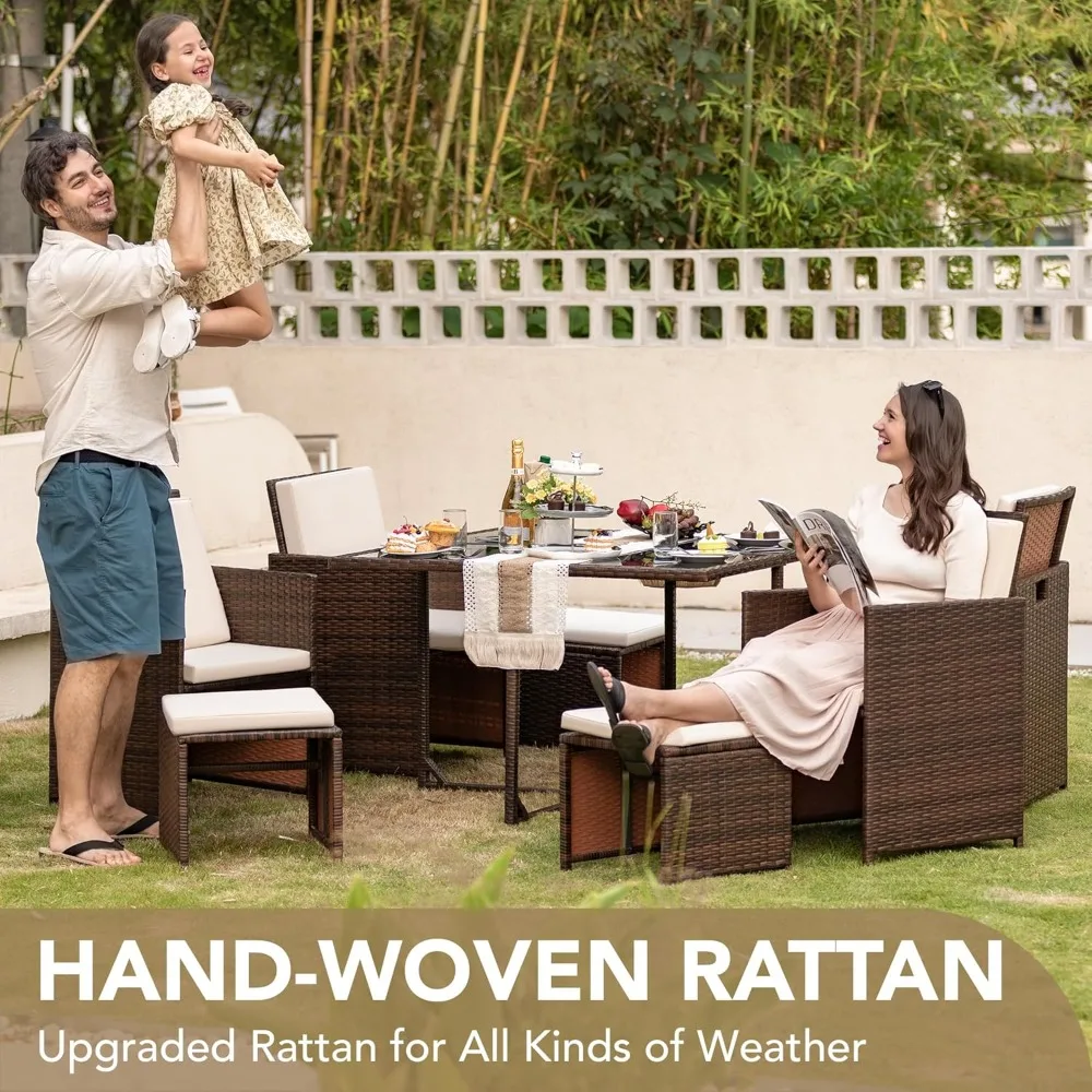 

9 Pieces Patio Dining Sets Outdoor Space Saving Rattan Chairs with Glass Table Patio Furniture Sets Cushioned Seating and Back