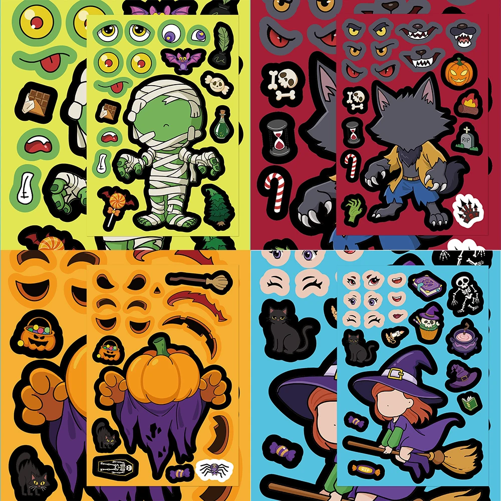 

8/16sheets Make-a-Face Cute Halloween Children Puzzle Stickers Funny Ghost Jigsaw for Kids Boys Children Cartoon Educational Toy