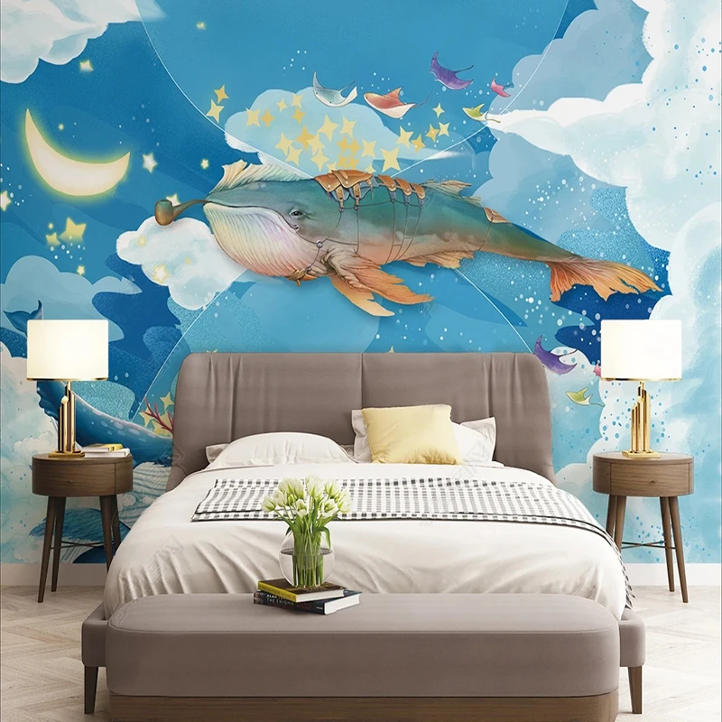 

Custom Nordic Creative Watercolor Sky Big Fish Whale Photo Murals Wallpaper Bar KTV Children Kids Bedroom Home Decor Wall Cloth