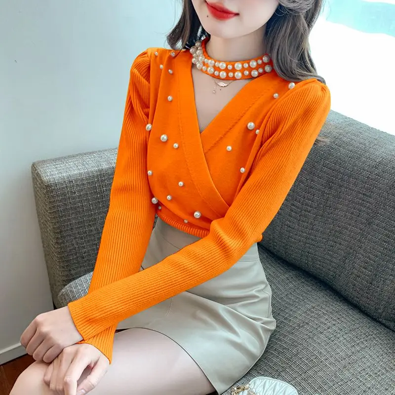 ニットセーター女性のためのホルターネック滑らかな和風韓国ファッション暖かいライト Y2k ヴィンテージトップビーズ女性プルオーバー