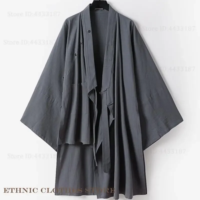 Japanese Kimono Cardigan Samurai Costume Plus Size Men's Yukata Haori Bathrobe Traditional Harajuku Loose Cotton Linen Jacket 