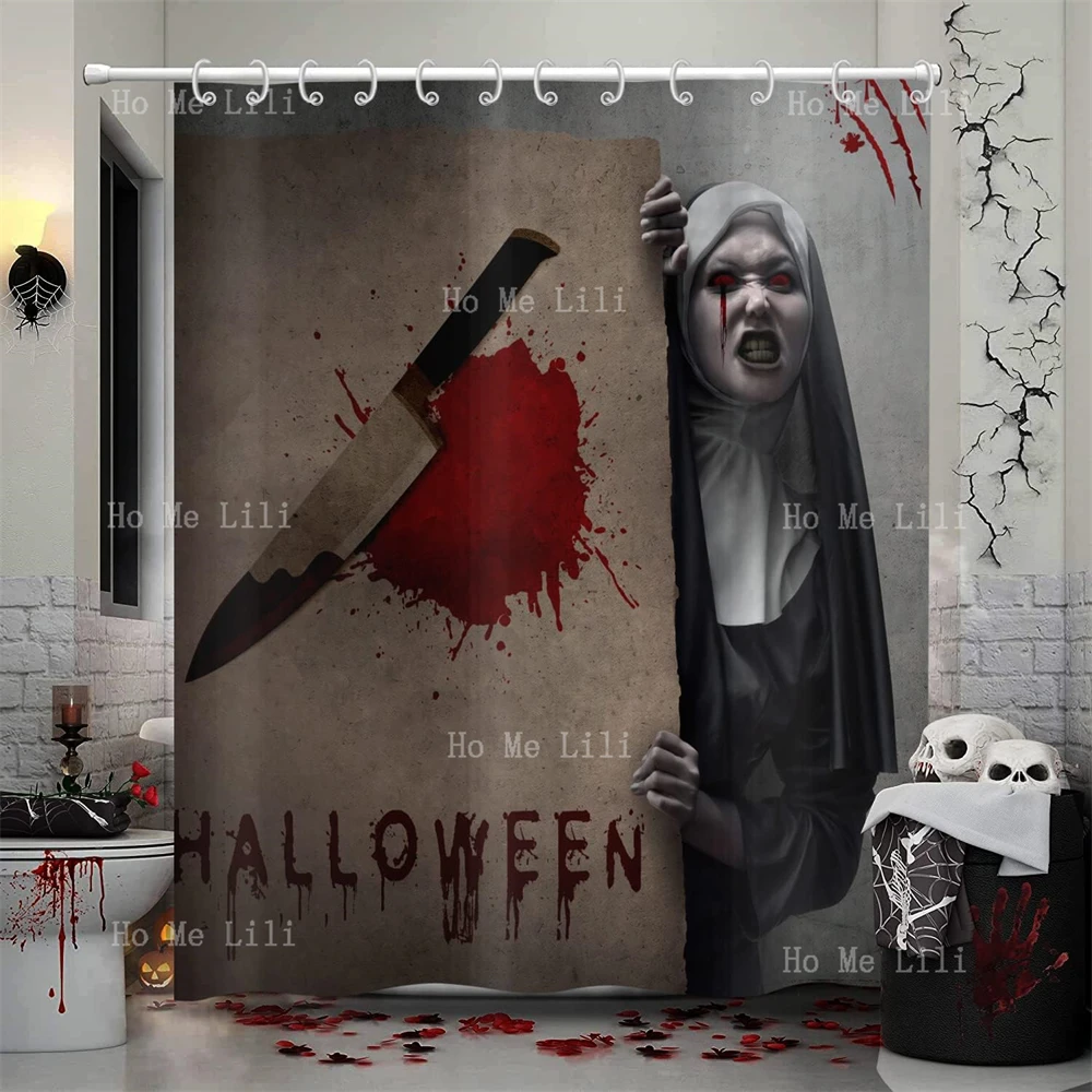 Halloween Horror Ghost Themed Bloody Nun Bathroom Decorated With Waterproof Fabric Shower Curtain