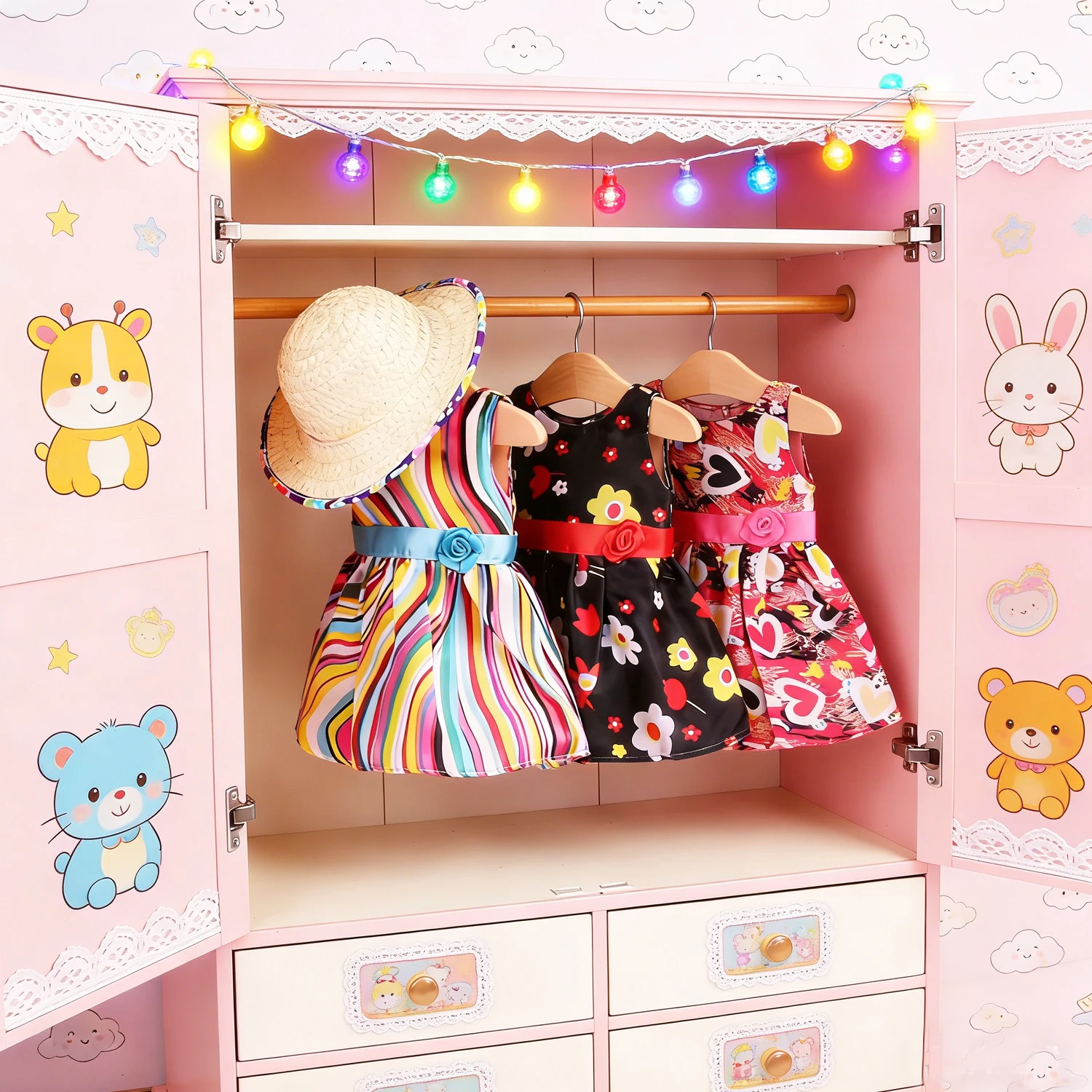 

Комплект: платье для куклы Kawaii и соломенная шляпа - летний наряд, милая одежда для кукол Американка (18 дюймов) и Baby Newborn (43 см), а также для кукол OG Girl.