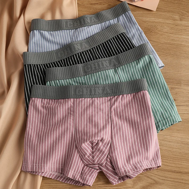 

New Arrival: 100% Cotton Men's Underwear, Large Size, Boxer Briefs, Striped, Mid-Rise, Breathable, Men's Student Boxer Shorts